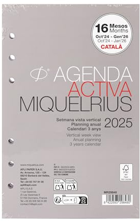 Miquelrius Nachfüllpack für Jahresplaner 2025, 16 Monate, Wochenansicht, Querformat, aktive Größe 117 x 182 mm, Ersatzkalender, 6 Ringe, Katalanisch, Portugiesisch und Englisch
