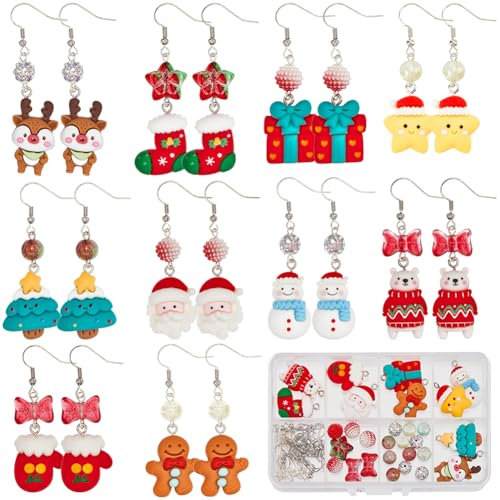 SUNNYCLUE 1 Box 10 Pairs Christmas Earring Kits Gingerbread Man Sock Charms Snowman Santa Claus Reindeer Charm Winter Xmas Resin Charms for Jewellery Making Kits Adults DIY Dangle Earrings Supplies