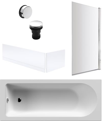 Balterley 1700 x 700mm Round Shower Bath with Leg Set, Chrome Waste, Chrome Rectangular Shower Screen & Front & End Bath Panels, Straight Single Ended Gloss White Soaking Bathtubs
