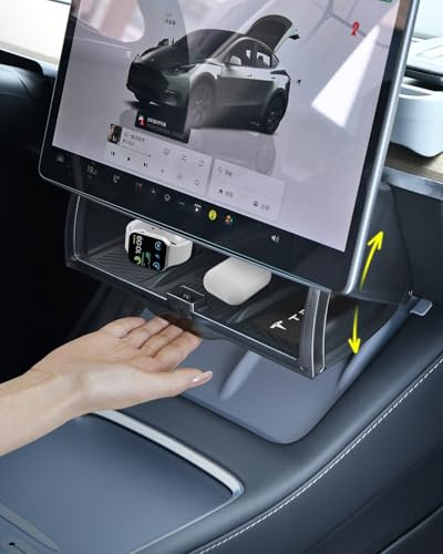 Under Screen Storage Organizer for Tesla Model Y Model 3 Accessories(include Juniper & Highland), Rattle-Free Push Latch Mechanism Perfect Fit, Tissue Dispenser, Hidden for Personal Valuables
