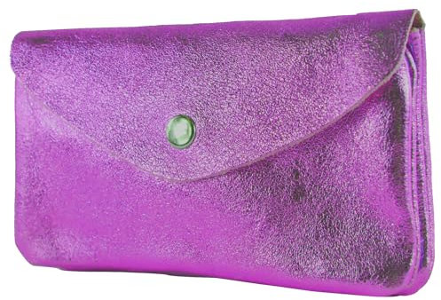 modamoda de P11 Portefeuille en cuir pour femme, taille M, fabriqué à la main en Italie, Magenta foncé métallisé, m, Petit porte-monnaie léger