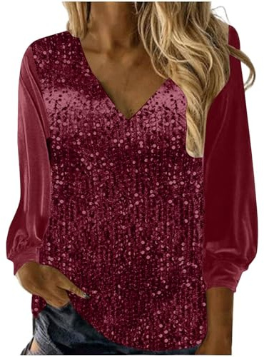 Ladies Sparkly Tops Long Sleeve T Shirts Smart Casual Evening Tops Sequin Blouses Elegant Party Wear Summer Tops, Fashion Women Clothing Sparkly Party Top Long Sleeve Going Out Top Women Tops Red