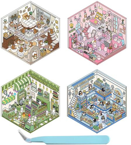 MUNSKT DIY 3D House Stickers, 4 Stück 3D Sticker Scene,Sticker Therapy,Spass DIY Aufkleber Szene(Pinguin-Eiscreme-Hütte, Kaffee-Katzen-Loft, Hasen-Loft, Rosa Hütte）