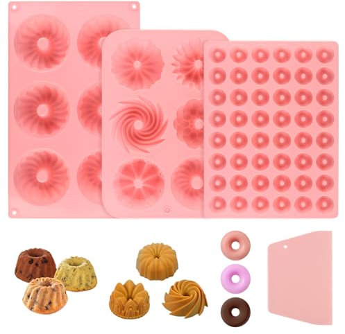 dsDAEDK 3 Stück Mini Gugelhupf Silikonform, Wiederverwendbar Gugelhupfform Klein, Savarin Silikonform Gugelhupf mit einer Ziehklinge, Mini Gugelhupfform Backform für Kuchen, Krapfen, Muffins