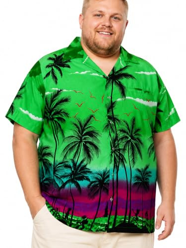 King Kameha Übergrößen 7XL–12XL Herren Hawaiihemd Kurzarm, Sommer Aloha Shirt mit Strand-Print
