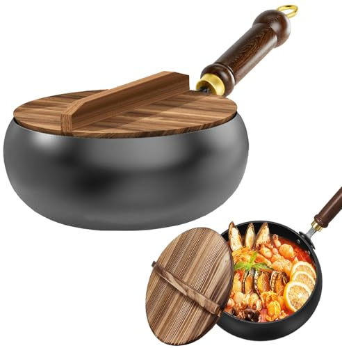 MeYuxg Padella in Ferro Forgiato con Coperchio in Legno, Padella Antiaderente Forgiata a Mano, 24CM Antiaderente e Non Rivestita Padellas Ghisa, Universale per Fornelli a Induzione e a Gas