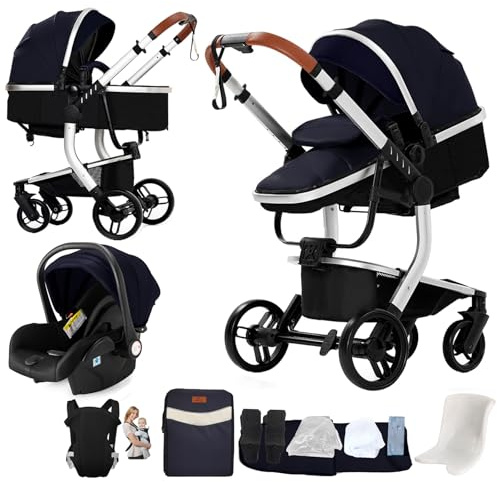Nine point nine PU-Leder Kinderwagen 3 in 1, Kinderwagen Set mit Umkehrbarem Doppelschiebemodus, Kombikinderwagen 3 in 1 Bequemer Babywanne, Kombikinderwagen Rahmen Aluminiumlegierung(L518 SilverBlue)