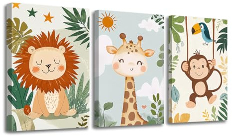 CXHOSTENT Wandkunst-Set mit 3 Waldtieren auf Leinwand, Motiv: Safari, niedliches Tier-Babybild, Dschungel-Safari-Thema, Gemälde für Jungen, Mädchen, Kinderzimmer, gerahmt