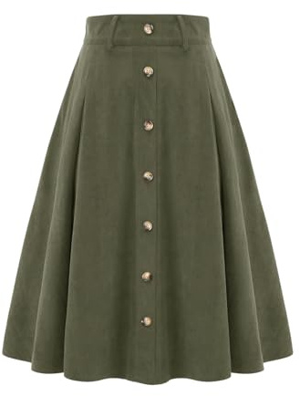 Grüner Rock Damen midilang Cordrock A-Linie Vintage Rock Tellerrock Basic Casual Hohe Taille Winterrock Freizeitrock mit Taschen Army Green M