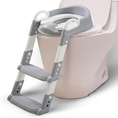 Taylor & Brown Adjustable Potty Ladder Seat for Toilet Training with Steps, Handle & Soft Cushion Anti-Slip Stool for Toddlers & Children Unisex Foldable & Easy Assembly Splash Guard Included (Grey)