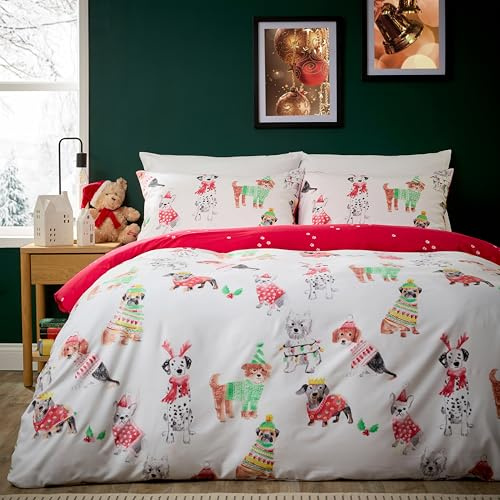 Olivia Rocco Christmas Duvet Cover Set Festive Bedding Quilt Cover Xmas with Pillowcases Reversible Design Easy Care Bed Linen Sets, Paw Party Red, King
