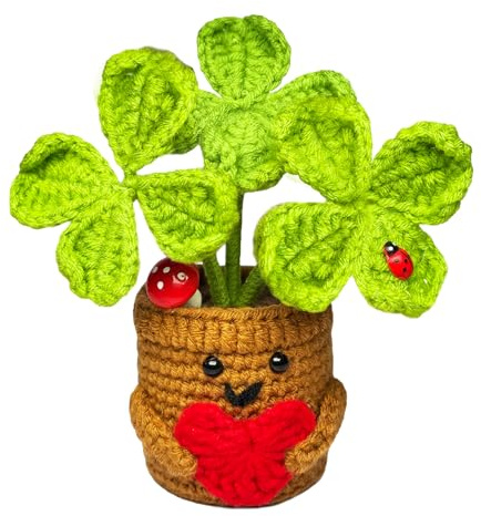 KIAYOO Regalo de Trébol de Cuatro Hojas, Decoraciones de Escritorio para el Hogar y la Oficina, Positive Flores de Ganchillo Regalo para Él Ella Hombres Mujeres Amigos Cumpleaños Navidad San Valentín