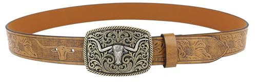 Cowboy Gürtel, Western Gürtel Herren Damen Braun Schwarz Ledergürtel mit Gravierter Floraler Longhorn Bull Texas-Schnallengürtel (105cm-125cm)