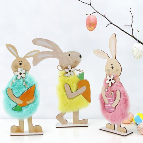 dellyy Osterdeko Osterdekoration 3er Set, Osterhase Deko, Osterhasen Holz Figur, Holz Hase für Tisch, Regal und Fensterbank, Frühlingshafte Ostern Dekoration für Zuhause
