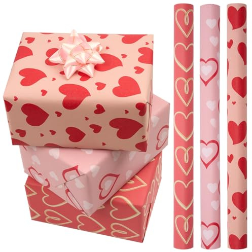 3 Rollen rosa Geschenkpapier, 43 cm x 3 m, Herzmotiv, ideal für Valentinstag, Geburtstag, Hochzeit und andere Anlässe