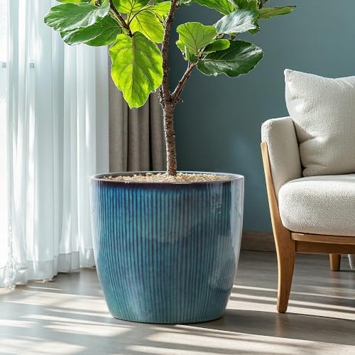 Hometopia Keramik Blumentopf groß & rund mit Ablaufloch, Ø 40 cm, Blaugrün | Keramik, Frostsicher&Wetterfest, Massiver Pflanzkübel mit Drainage-Loch für Balkon&Garten,Terrasse,Wohnzimmer Ø40xH34 cm