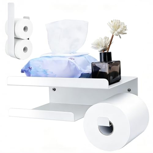 YUNISS 2 Pack Porte Papier Toilette Autocollant, Porte Papier WC sans Perçage avec Étagère, Porte Rouleau Papier Toilette en Acier Inoxydable avec 2 Méthodes de Montage (Blanc, Lot de 2)