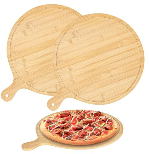 Junrvivy Lot de 2 assiettes à pizza rondes en bois - 30 cm - Avec poignée - Pour pizza, fromage, collations, accessoires de cuisine