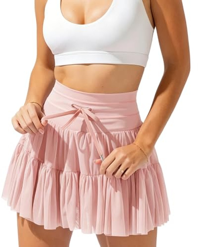 DOINEUFL Skorts for Women UK, High Waisted Tennis Skirt with Shorts Underneath, Flowy Ruffle Mini Skort with Pockets & Drawstring for Golf, Running, Workout (UK, Alpha, S, Regular, Regular, Pink)