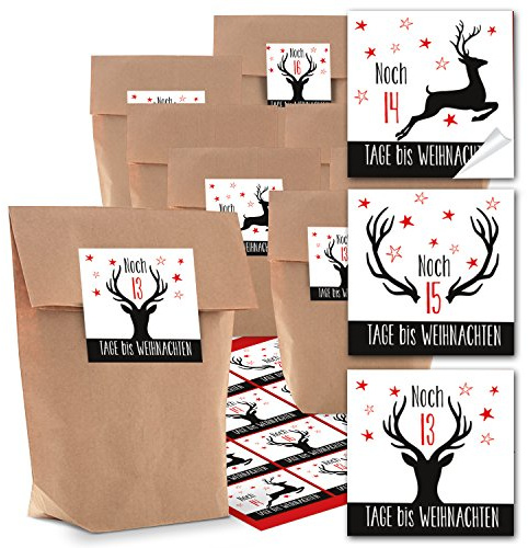 Logbuch-Verlag 1-24 Adventskalendertüten mit Aufkleber Tüten zum Befüllen für Kinder und Erwachsene 14 x 5,5 x 22 cm schwarz-weiß
