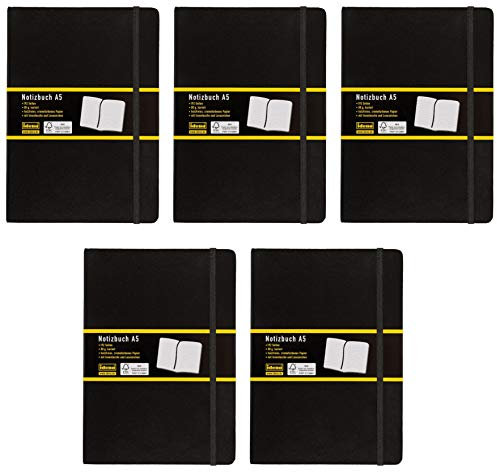 Idena 209281 Notizbuch FSC-Mix, kariert, Papier cremefarben, 96 Blatt, 80 g/m², Hardcover in schwarz (5 Stück, A5)