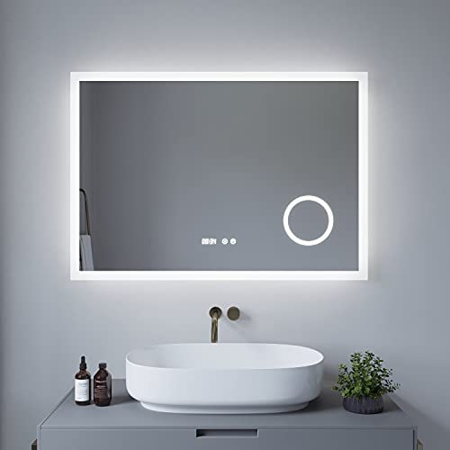 AQUABATOS® Badezimmerspiegel ECHOS-Serie 100x70cm Typ D Badspiegel mit Beleuchtung Antibeschlag Kosmetikspiegel Schminkspiegel 3 Fach Vergrößerung Digital Uhr Touch Schalter Dimmbar Kaltweiß 6400K