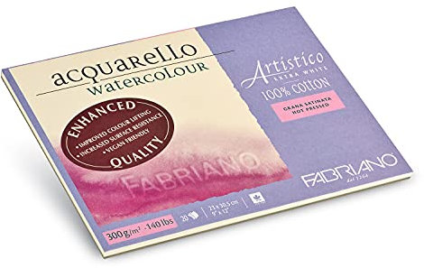 Honsell Fabriano Artistico Acquarello Watercolour, extra weiß, satiniert hot pressed, 23 x 30,5 cm, 20 Blatt 300 g/m², hochwertiger Künstler-Aquarellkarton, Block 4-seitig geleimt, vegan