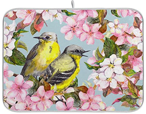Abtropfmatte für Küchentheke, gelber Kolibri, rosa Kirschbaum, Geschirr-Trockenmatte, 45,7 x 61 cm, Abtropfmatte, Flaschen, Geschirr, Trockenpad, Schutz für Küchenarbeitsplatten