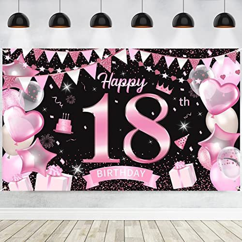 18. Geburtstag Banner für Mädchen, Rosegold Schwarz 18 Geburtstag Party Hintergrund Deko, Großes Stoff 18 Jahr Geburtstagsdeko Poster für 18. Mädchen Tisch Wand Dekoration Zubehör, 185 x 110 cm