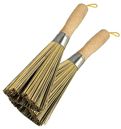 HugeDE 2 Pcs Traditional Natural Bamboo Wok Brushes Bamboo Pot Scrubber Brush Kitchen Pan Cleaning Brush Wok Cleaning Whisk for Dishes Sinks