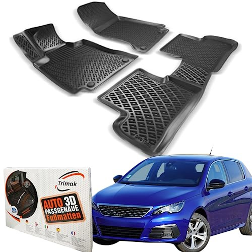 Trimak Passgenau 3D Fussmatten Auto Kompatibel mit Peugeot 308 2 Gen Fließheck 2013-2021 Auto Zubehör 1. und 2. Reihe Gummimatten Autos TPE Allwetter Geruchlos rutschfest Vorne & Hinten Schwarz