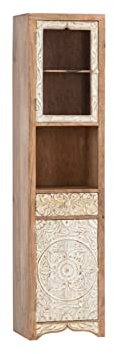 Woodkings® Hochschrank Delhi Echtholz weiß mit Schnitzereien Badhochschrank massiv Holz Badmöbel Badschrank Bad Wandschrank