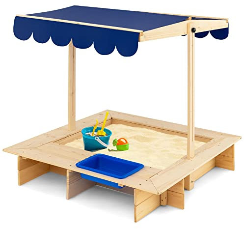 DREAMADE Bac à Sable en Bois pour Enfants 3-12 Ans, Bac à Sable sans Fond avec Auvent Étanche Réglable en Hauteur, Grande Station de Jeu Carré pour Cour & Plage
