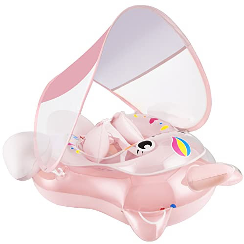 Schwimmring Baby Sonnenschutz, Schwimmhilfe Baby mit Abnehmbarem Sonnendach Rosa Schwimmreifen für Baby ab 6-26 Monate, Schwimmtrainer Baby Schwimmsitz für Kleinkinder und Kinder