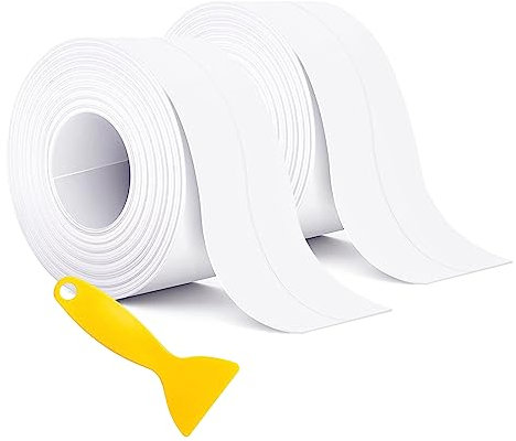 SLETIE 2 Rolls Bath Sealant Strip Self Adhesive, Adhesive Caulk Tape, Waterproof Simple Seal Tape for Bathroom, Kitchen, Bathtub, Toilet, Wall Floor, with Sealing Tool (3.2Mx38mm, White)