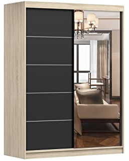 Fabryka Mebli Idźczak Kleiderschrank mit Spiegel, Schiebetüren - Schwarzer Schwebetürenschrank, Schlafzimmerschrank - 61 x 150 x 200 cm - Schrank für Schlafzimmer, Ankleidezimmer, Garderobe, Sonoma