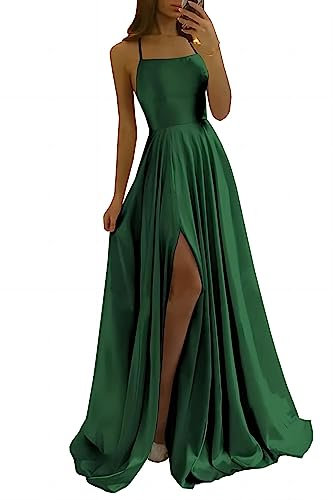 xxxiticat Damen Elegant Lange Ballkleider Satin A-Linie Hochzeitskleid Abendkleider Sexy Neckholder Spaghetti Brautkleid Kleider Lang Prinzessin Brautjungfer Kleid(DN,M)