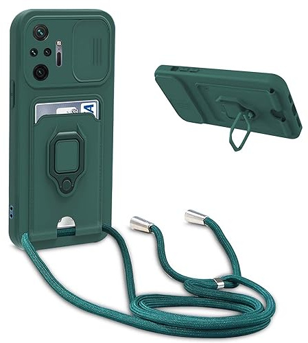 YFSYLL Coque Compatible avec Xiaomi Redmi Note 10 Pro,Collier pour Étui Colliers de cellulaire Réglable Lanyard Silicone Case,Protection caméra,Support Annulaire,Fentes pour Cartes,Vert Foncé