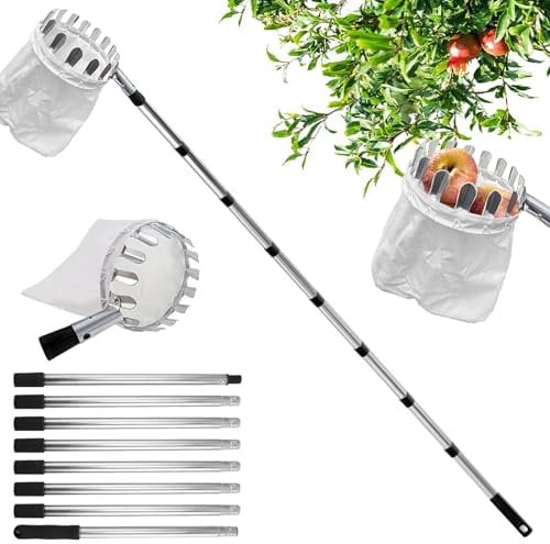 Recogedor de Frutas Telescopico,Cesta Recogedora de Manzanas 3.2m,con poste telescópico de acero inoxidable ligero y bolsa de algodón para Cosechar Cerezas y Ciruelas.