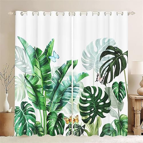 SMchwbc Gardinen Blickdichter Grüne Palmblätter Tropische vorhänge Pflanzen für Schlafzimmer 3D Druck 100% Polyester Blätter Verdunklungsgardine 2er Set (5,183 x 160 cm(2X91X160cm))