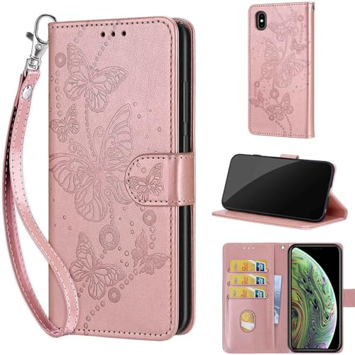TOMYOU Wallet for iPhone X/XS Case, Rose Gold Butterfly | Embossed PU Leather, Folio Flip Notebook Wallet, Magnet Closure, Kickstand, 3 Card Slots, Wrist Strap Lanyard