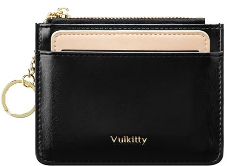 Vulkitty Schlanke Minimalistische Damen-Geldbörse aus Leder mit Kartenhalter und Abnehmbarem Ausweisfenster Damen Geldbörse mit Reißverschluss und Schlüsselanhänger Geldbörse mit Vordertasche