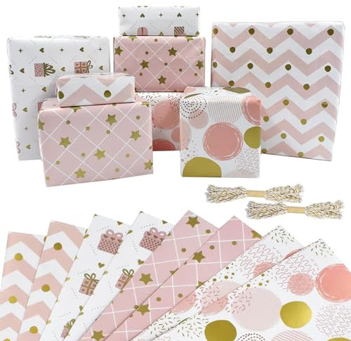 8 feuilles de papier d'emballage cadeau rose 50x70 cm, papier d'emballage d'anniversaire recyclable parfait pour les décorations de cadeaux d'anniversaire et de mariage.