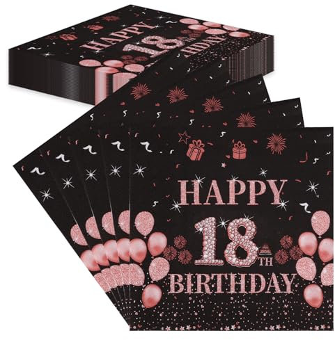 TOPWAYS 18 Geburtstagsdeko Servietten, 60Stück Schwarz Roségold Papier Party Servietten Tischdeko für Sie 18. Geburtstag Mädchen Frau Frauen Happy Birthday Servietten Tischdekoration (Geburtstag 18)