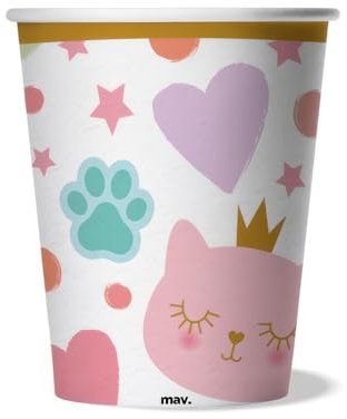maverick - Vasos para fiestas con gatito rosa, pata y corazones. Vasos para fiestas y cumpleaños adultos y niños rosa con gato. 8 unidades. Fabricado en Europa