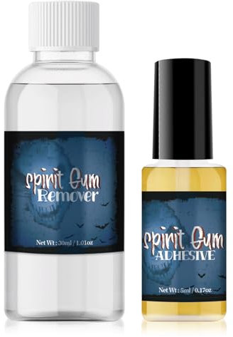 CHASPA Hautkleber und Entferner Kit, 0.17oz Spirit Gum + 1.01oz Entferner, Spezialeffekt Make-up Gesicht Körper Prothetik Kleber, SFX Make-up Kit für Halloween Performance, Karneval, Cosplay