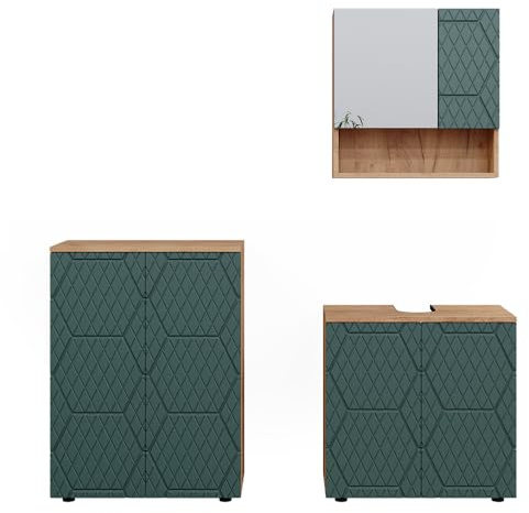 Vicco Badmöbel-Set Irma, Grün/Goldkraft Eiche, 80 cm | besteht aus Waschbeckenunterschrank, Spiegelschrank und Midischrank