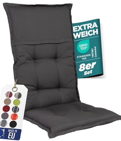 gardisun Gartenstuhlauflagen Hochlehner, 8er Set, Anthrazit | Extra Dicke Sitzauflagen, Made in EU, Polsterauflagen für Hochlehner Gartenstuhl, Auflagen mit hoher Lichtechtheit