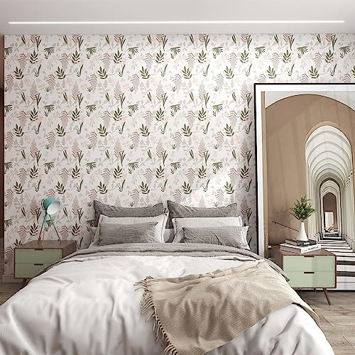 FENTIS Fiori Autoadesivo Carta da Parati Plastica Adesiva Verde, Rosa e Grigio Foglie e Fiori Modello Da Attaccare e Staccare Carta a Contatto Adesivo Murale per Armadio Cucina Rimovibile 44,5x500cm