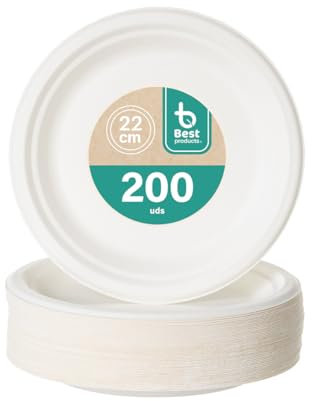BEST PRODUCTS 200 Platos Caña de Azúcar Desechables Ecológicos Biodegradables Compostables y Reciclables Para Fiestas Cumpleaños Comuniones Redondos Llanos Ø 22 cm